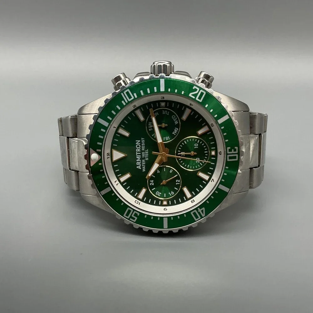 Armitron Mens Watch 45mm Green Dial Stainless Day Date New Battery 7.75